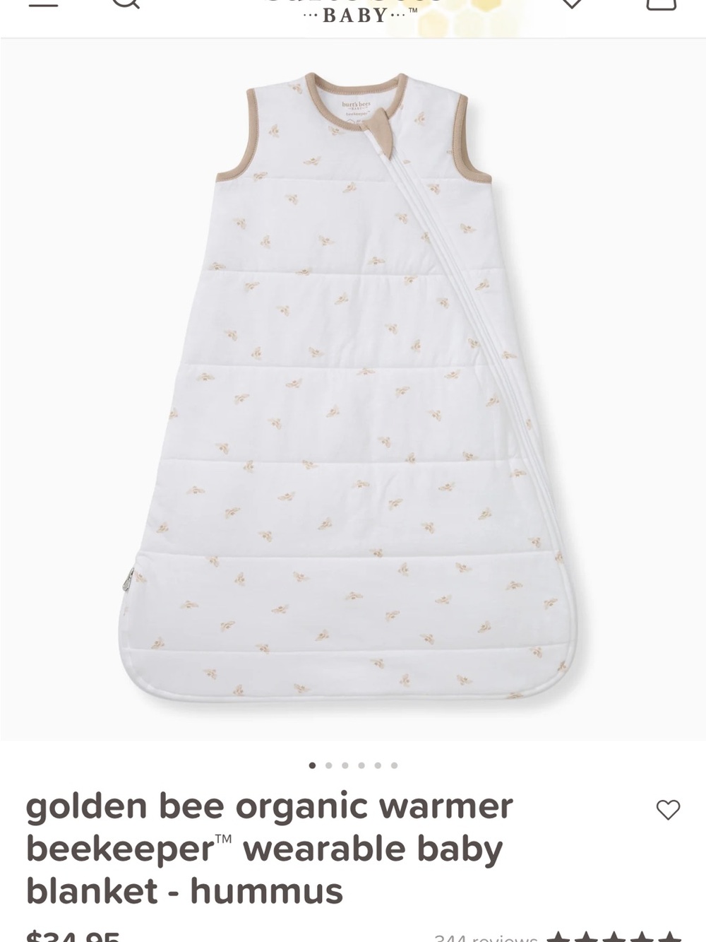 Burt's Bees White Baby Wearable Blanket with Hummus Bee Print